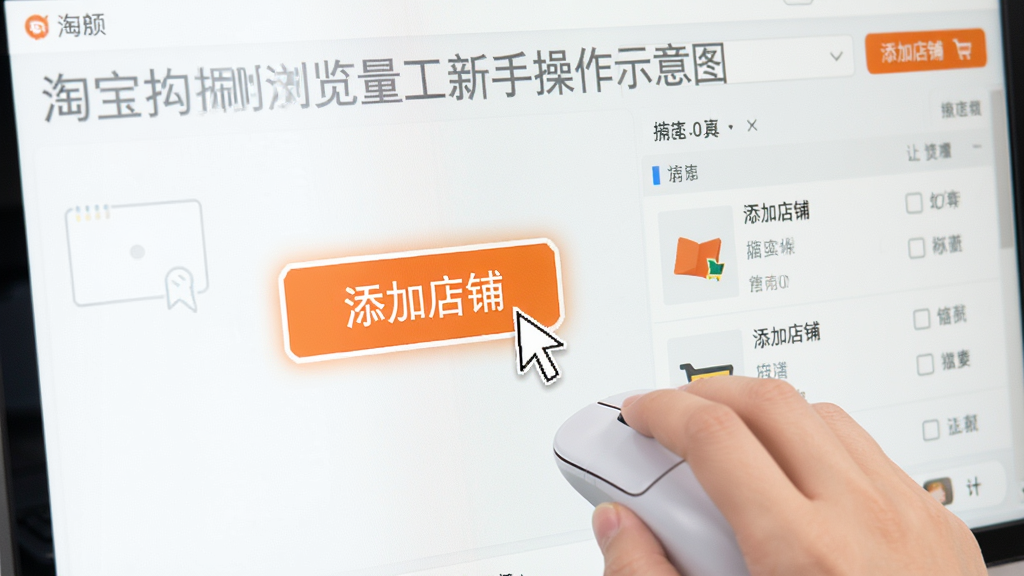 淘宝拍拍刷浏览量工具新手操作示意图,画面为一只手握着鼠标点击软件界面上的“添加店铺”按钮,屏幕显示软件主界面,布局为特写镜头,风格为清新教学风,细节包括鼠标指针、按钮高亮、店铺列表,画质清晰,干净无多余元素