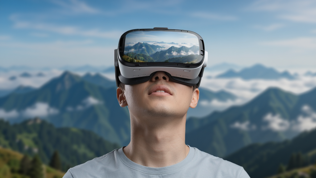 主体为一名用户佩戴VR眼镜观看全景内容,布局为用户半身像居中,背景为虚化的全景山水画面;排版采用中心对称;风格为未来科技感;细节包括VR眼镜表面的环境反光、用户微微仰头的动作、背景中连绵的山脉与云层;画质为4K超清,画面干净,无多余元素。