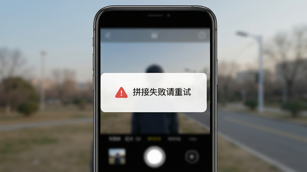 主体为手机屏幕显示全景秀拍摄错误提示弹窗,布局为手机居中,弹窗位于屏幕中央;排版简洁;风格为扁平化UI风格;细节包括弹窗中的红色警告图标、文字提示“拼接失败请重试”、背景虚化的拍摄界面;画质为高清,画面干净,无多余元素。