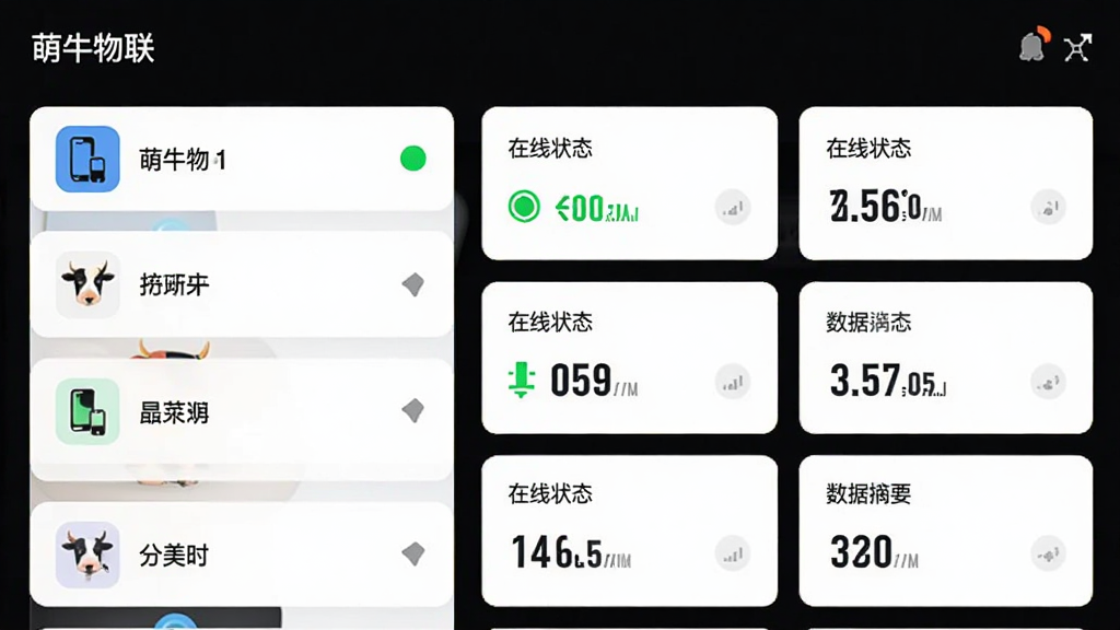 多设备管理界面,画面展示“萌牛物联”应用内的设备列表页面,左侧为设备图标与名称,右侧为在线状态与数据摘要,布局采用卡片式设计,风格清爽简约,细节包括绿色在线标识与灰色离线标识,画质清晰,干净无多余元素