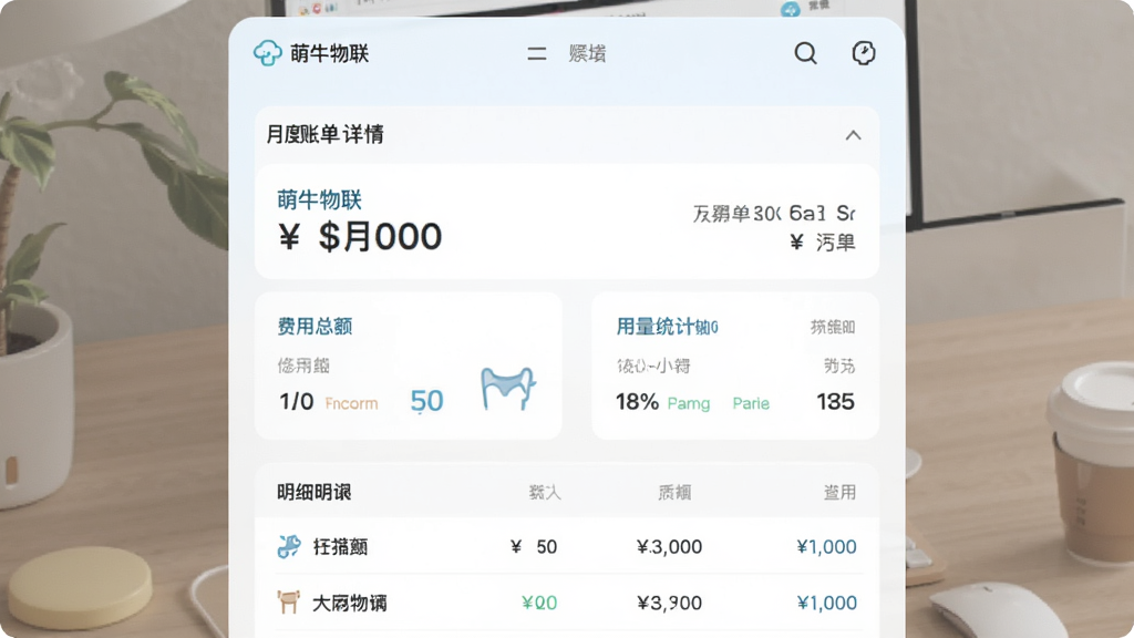 费用账单查询页面,画面展示“萌牛物联”应用内的月度账单详情,包含费用总额、用量统计与明细列表,布局采用上下结构,风格柔和浅色,细节包括货币符号与分类图标,画质清晰,干净无多余元素
