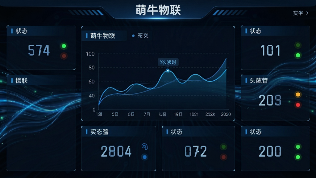 实时数据监控仪表盘,画面中央显示“萌牛物联”实时数据面板,包含折线图、数字读数与状态指示灯,背景为深色科技风格,布局采用左右分栏,细节包括动态流光效果与数据标签,画质高清,干净无多余元素