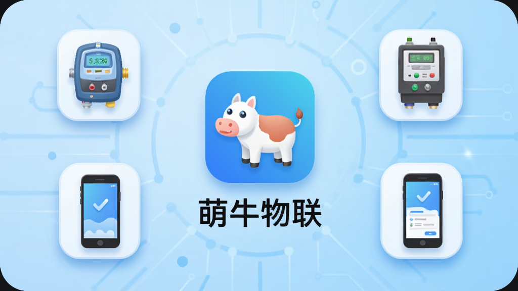 软件主界面展示,画面中央为“萌牛物联”应用图标与名称,背景为淡蓝色科技感渐变,周围环绕智能水表、电表、手机等设备图标,整体布局简洁清晰,风格现代扁平化,细节包括柔和的阴影与圆角设计,画质高清,干净无多余元素