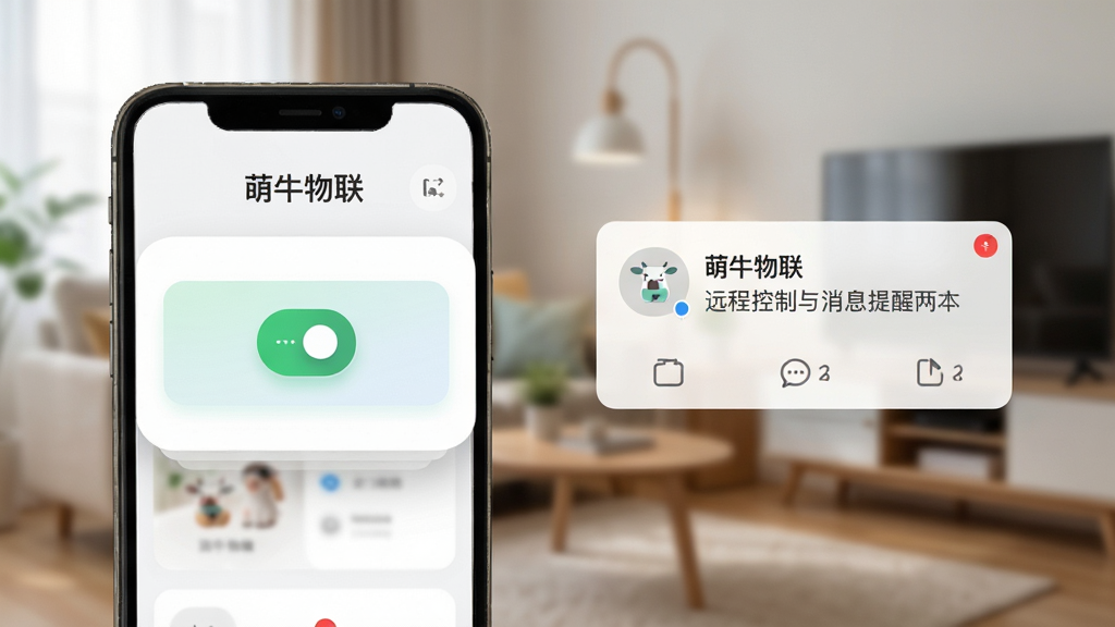 远程控制与消息提醒界面,画面展示“萌牛物联”手机端远程控制按钮与通知弹窗,背景为居家环境虚化,布局采用悬浮卡片式,风格现代简约,细节包括开关图标与消息红点,画质高清,干净无多余元素