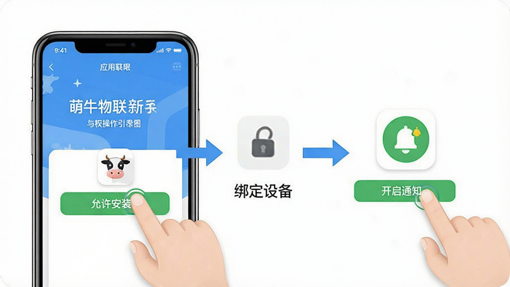 萌牛物联新手操作引导图,画面展示手机屏幕内应用安装与权限设置步骤,包含“允许安装”“绑定设备”“开启通知”等文字标识,布局采用分步图示,风格简洁明快,细节包括手指点击图标与箭头指引,画质高清,干净无多余元素