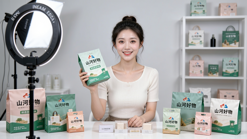 一张山河好物直播购物场景的生图,画面主体是一位年轻女主播坐在直播间的桌前,手持一件商品向镜头展示,桌面上摆放着多款山河好物平台在售商品,背景是简洁的直播间布置,有补光灯和产品展示架,布局为人物居中、商品环绕,排版为竖版构图,风格为明亮清新的电商直播风,细节上主播面带微笑,商品包装清晰可见,画质高清,干净,无多余元素