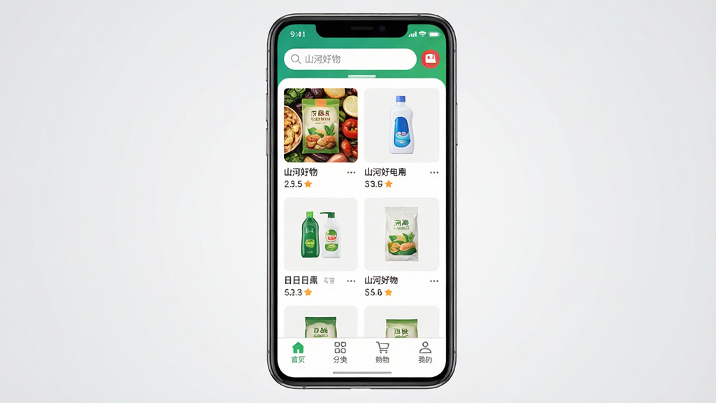 一张展示山河好物App首页界面的手机预览图,画面中央是一部竖屏安卓手机,手机屏幕内显示山河好物电商平台首页,顶部有搜索栏,中间是商品瀑布流卡片布局,包含食品、日用品等商品缩略图,底部有首页、分类、购物车、我的四个导航按钮,整体布局清晰,排版整洁,风格为现代简约电商风,细节上手机边框圆润,屏幕色彩明亮自然,背景为浅灰色渐变,画质高清,干净,无多余元素