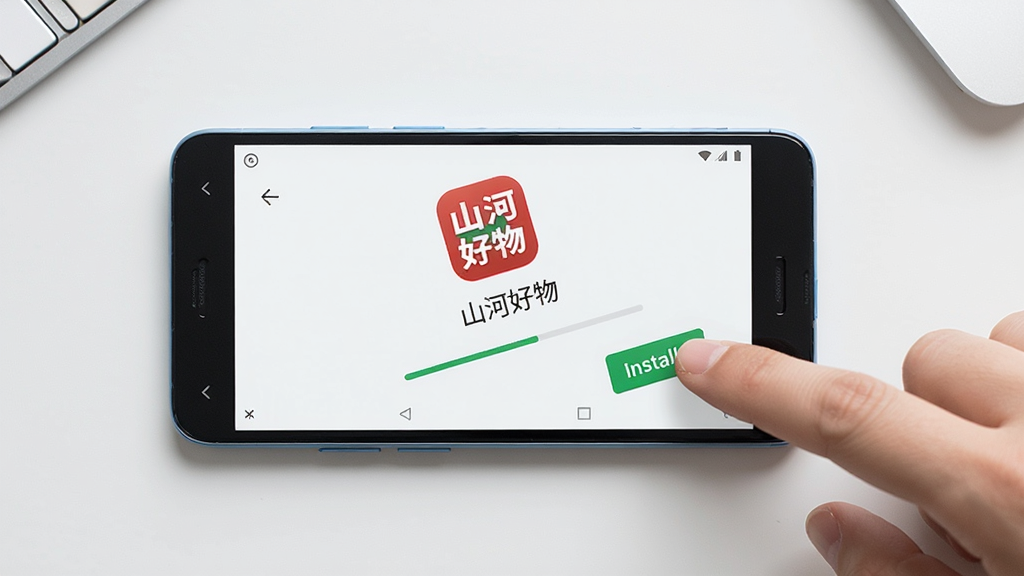 一张展示安卓手机安装山河好物App过程的AI生图,画面主体是一部平放在桌面上的安卓手机,屏幕显示安装进度条和山河好物图标,手机旁边放着一只手指正准备点击安装按钮,布局为手机居中、手指从右侧伸入,排版为俯拍横版构图,风格为干净简洁的科技风,细节上桌面整洁无杂物,手机屏幕亮度适中,安装界面清晰可辨,画质高清,干净,无多余元素