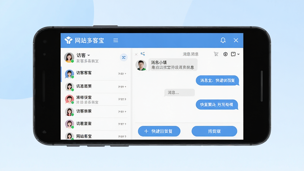 网站多客宝软件主界面预览图,画面中央是一部安卓手机,手机屏幕上显示网站多客宝的客服工作台界面,包含访客列表、消息对话框和快捷回复按钮,背景为干净的浅蓝色渐变,布局简洁清晰,风格为扁平化UI设计,细节包括图标、文字标签“网站多客宝”、消息气泡,画质高清,干净,无多余元素