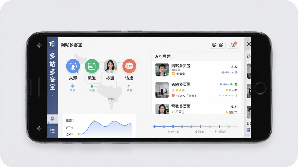 网站多客宝访客轨迹查看功能示意图,画面中央是一部安卓手机,手机屏幕上显示网站多客宝的访客详情页面,包含来源渠道图标、访问页面列表和时间轴,背景为柔和的浅灰色,布局为上下结构,风格为现代商务,细节包括图表、文字标签“网站多客宝”、访客头像,画质高清,干净,无多余元素