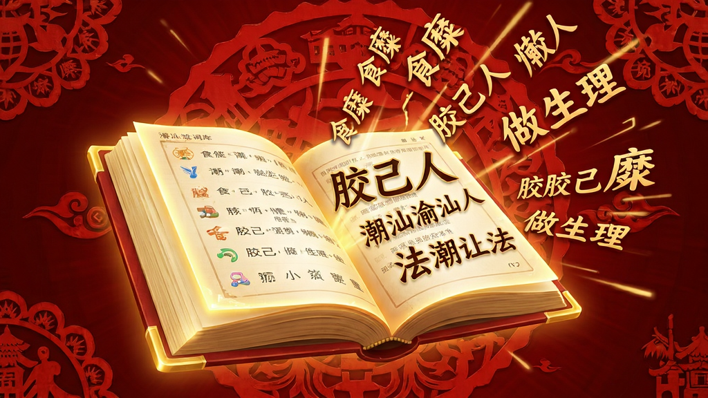 潮语输入法海量词库界面展示,画面主体是一本巨大的发光电子词典,词典页面飞出无数潮汕话词汇如「食糜」「胶己人」「做生理」,布局采用放射状构图,排版动感十足,风格为科技感与传统文化结合,细节包括词汇文字清晰、背景有潮汕剪纸纹样、色彩以红金为主,画质高清,干净,无多余元素