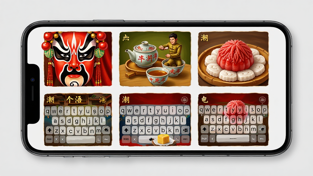 潮语输入法个性化皮肤展示,画面中手机屏幕显示多款潮汕文化主题键盘皮肤,如潮剧脸谱、功夫茶具、红桃,布局采用网格排列展示,排版整齐,风格为色彩鲜艳的插画风,细节包括每款皮肤纹理精致、色彩饱和度高、背景为浅灰色,画质高清,干净,无多余元素
