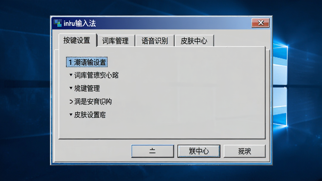 潮语输入法安装设置界面,画面展示电脑屏幕上的输入法属性设置窗口,窗口内有「按键设置」「词库管理」「语音识别」「皮肤中心」等选项卡,布局采用经典Windows对话框样式,排版规整,风格为简洁商务风,细节包括按钮立体感强、文字清晰、背景为浅灰色,画质高清,干净,无多余元素