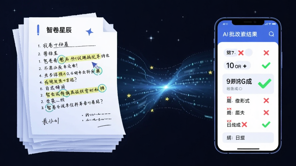 一幅表现“智卷星辰”AI批改功能的场景插画,画面左侧是堆叠的试卷,右侧是手机屏幕显示AI批改结果,中间用发光的数据流连接,布局为左右对比、中间连接,风格为现代科技插画,细节包括手写答案被高亮识别、分数自动生成、红色叉号与绿色对勾,画质清晰,画面干净,无多余元素。