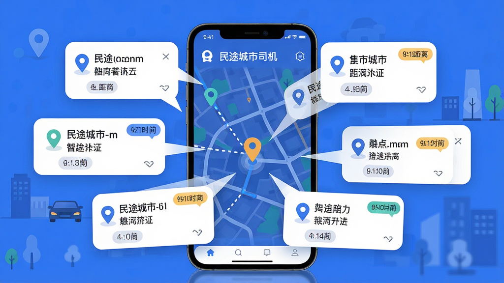 一幅展示民途城市司机智能订单推送功能的AI生成图,画面主体为手机屏幕特写,屏幕上显示多个订单卡片以气泡形式从地图中心向外扩散,每个卡片上标注着起点终点和距离信息,布局为手机居中、气泡环绕,风格为现代扁平化UI插画,细节包括定位图标、路线虚线、时间标签,画面中带有