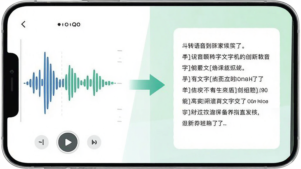 画面主体为斗转语音App的录音转文字功能界面截图风格插画,左侧显示声波波形,右侧实时生成文字段落,中间用箭头连接表示转换过程,背景为白色与淡绿色搭配,风格简洁商务,细节清晰,布局左右对称,画质干净,无多余元素