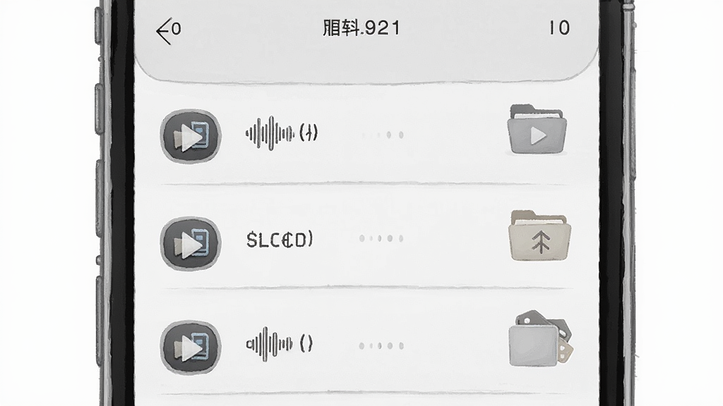 画面为斗转语音App的文件管理界面插画,手机屏幕中显示按时间排列的音频文件列表,每条记录带有播放按钮和文字图标,旁边有文件夹和标签元素,整体采用浅灰色质感风格,布局纵向排列,细节精致,画质干净,无多余元素