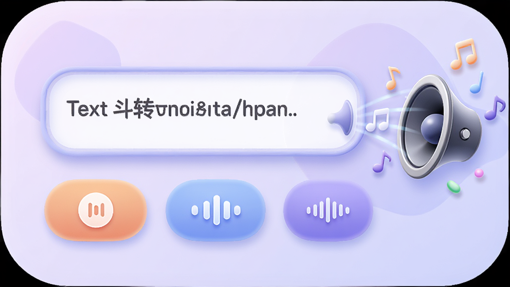 画面展示斗转语音的文字转语音功能,中央为文本输入框,下方排列多个语音播放按钮和声波图标,右侧有扬声器发出音符,整体布局居中,采用柔和圆角风格,背景为浅紫色渐变,细节丰富,画质清晰,无多余元素