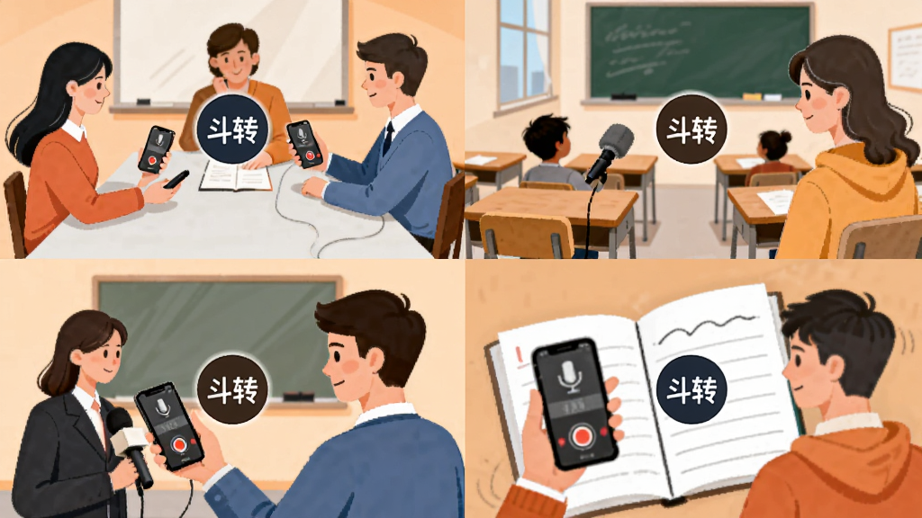 画面以四宫格形式展示斗转语音的四个使用场景,分别为会议桌、教室、采访现场和日常速记,每个格子中有人物使用手机录音,中间标注斗转语音图标,整体采用扁平插画风格,布局整齐对称,背景为淡橙色,细节清晰,画质干净,无多余元素