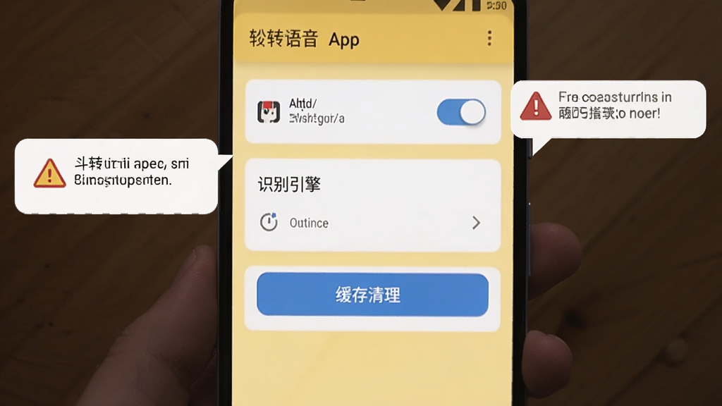 画面展示一部安卓手机屏幕中斗转语音App的设置界面,界面中包含权限开关、识别引擎选项和缓存清理按钮,旁边有警示图标和提示气泡,整体采用扁平化风格,布局清晰,背景为浅黄色,细节精致,画质干净,无多余元素