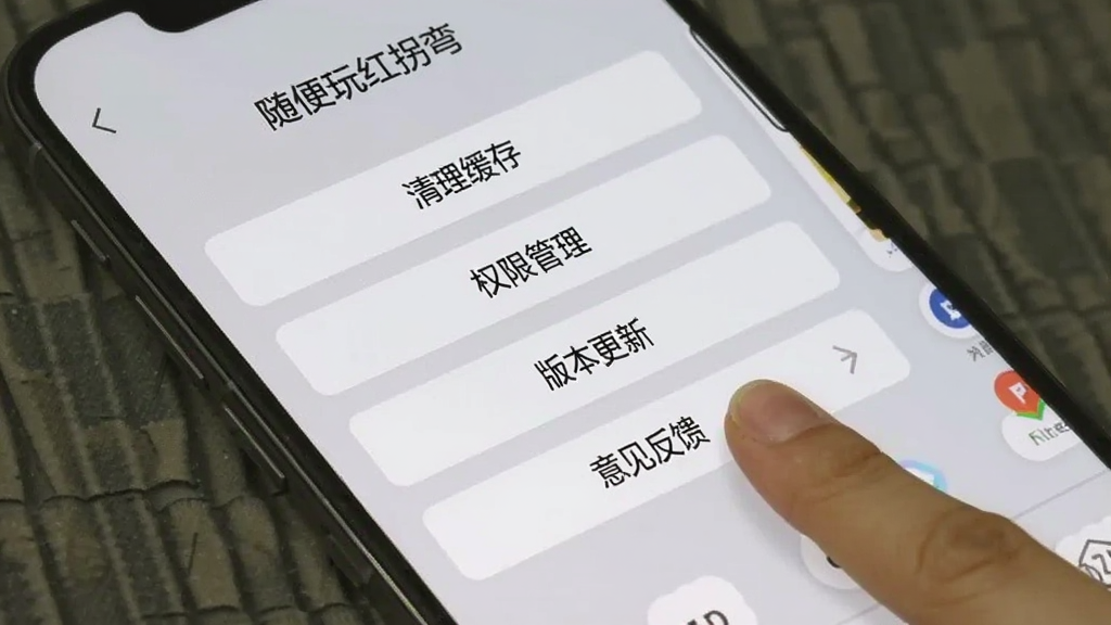 一张手机屏幕截图风格的图片,画面展示“随便玩红拐弯”的设置界面,屏幕上有“清理缓存”“权限管理”“版本更新”“意见反馈”等选项按钮,旁边有手指点击“清理缓存”的动作示意,背景是浅灰色手机桌面,整体风格清爽简洁,画质清晰,干净,无多余元素