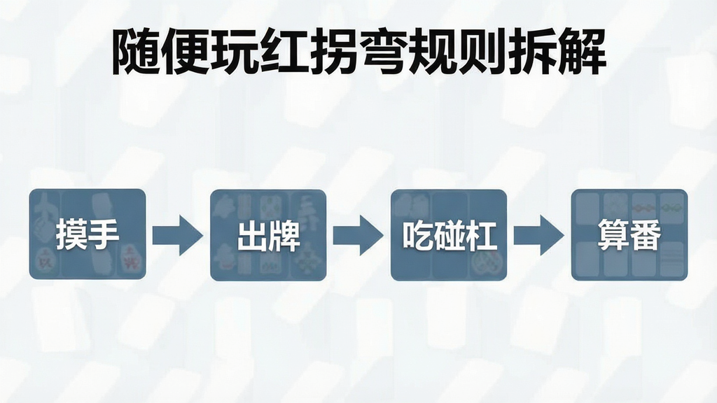 一张流程示意图风格的图片,画面中展示从“起手”到“胡牌”的完整流程,每个步骤用方框表示,方框内写有“摸牌”“出牌”“吃碰杠”“算番”等字样,箭头依次连接,图片顶部有“随便玩红拐弯规则拆解”标题,配色采用蓝灰商务风,布局清晰,画质干净,无多余元素