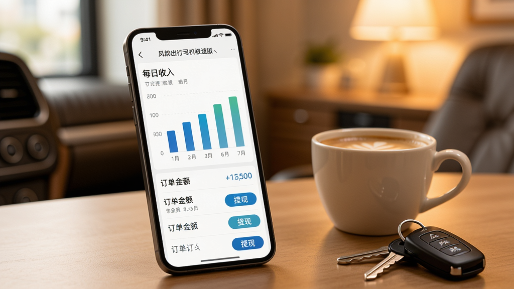 手机屏幕展示风韵出行司机极速版收入明细页面,页面中有柱状图显示每日收入,下方列表展示订单金额和提现按钮,手机旁边放着一杯咖啡和车钥匙,背景为温暖的室内光线,风格清新商务,画质高清,干净无多余元素