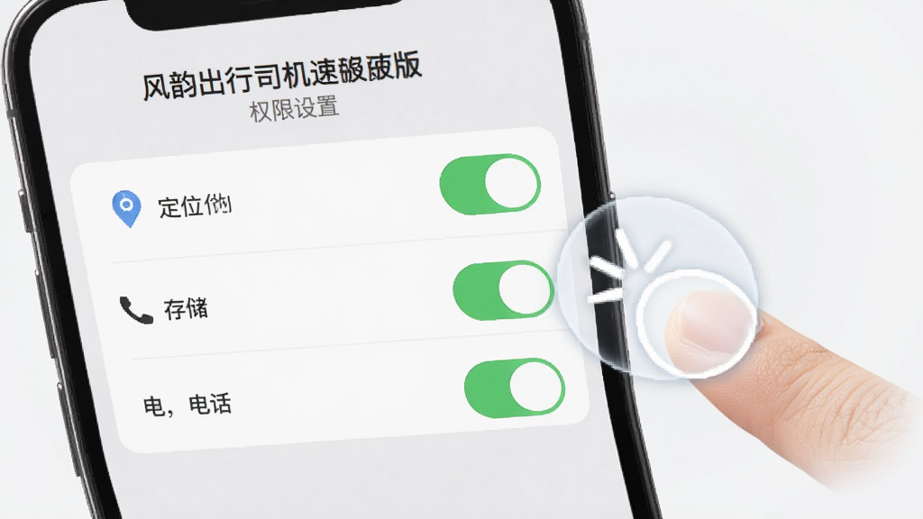 手机屏幕显示风韵出行司机极速版权限设置界面,界面中有定位、存储、电话等权限开关,旁边有手指点击开启的动画效果,背景为浅灰色,风格简洁明了,画质高清,干净无多余元素