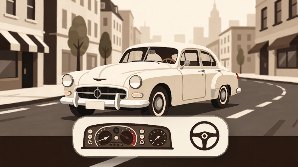 My Classic Car 软件界面展示,画面中一辆经典老爷车正在城市街道上行驶,仪表盘与方向盘图标悬浮在画面下方,整体采用扁平化UI设计风格,配色以米白与深棕为主,排版简洁清晰,画面干净无多余装饰,高清画质。