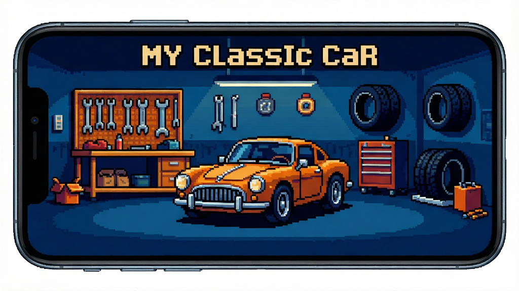 一款手机屏幕特写,屏幕上显示 My Classic Car 游戏画面,一辆复古跑车停在车库中,周围有工具架与轮胎装饰,画面采用像素艺术风格,色调以深蓝与橙黄对比为主,排版居中,细节丰富,高清画质,画面干净无杂乱元素。