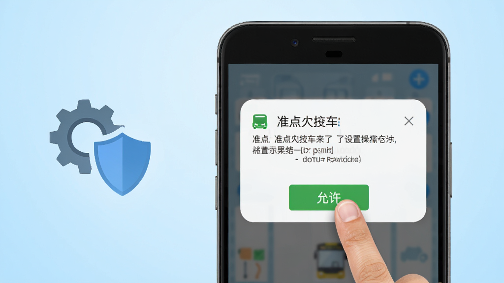 准点公交车来了安卓手机安装设置操作示意图,画面展示一部手机屏幕上方弹出权限请求对话框,下方有手指点击