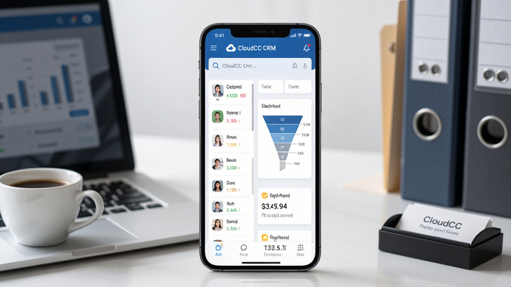 ����Ϊһ�������ֻ�����Ļ����ʾ CloudCC CRM �ƶ��˿ͻ��������棬�����ͻ��б�������©��ͼ����������ѿ�Ƭ�����ֲ����ֻ����С�����Ϊ���칫���棬�����ñʼǱ����ԺͿ��ȱ����Ҳ�����ļ�������Ƭ�У��Ű����ֻ���Ļ���������ɼ�������Ԫ���������У����Ϊ�ִ�����дʵ�磬ɫ�������׻�Ϊ����ϸ�ڰ�����Ļ������Ȼ��ͼ�꾫�¡�ͼ�������в�Σ����ʸ��壬����ɾ����޶���Ԫ�ء�