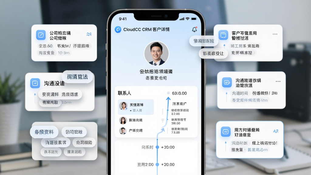 ����Ϊ CloudCC CRM �ͻ�����ҳ�棬��Ļ����չʾ�ͻ�ͷ�񡢹�˾���ơ���ϵ���б��빵ͨʱ���᣻����Ϊ�ֻ�����չʾ����Χ�������������Ͽ�Ƭ�ͱ�ǩ���Ű�����Ϣ�ֲ�������ʱ��������������죻���Ϊ���Ƽ�����磬ǳ�����ɫΪ����ϸ�ڰ�����Ƭ��Ӱ��͡�ͼ���������䡢�����Ű���������ʸ��壬����ɾ����޶���Ԫ�ء�