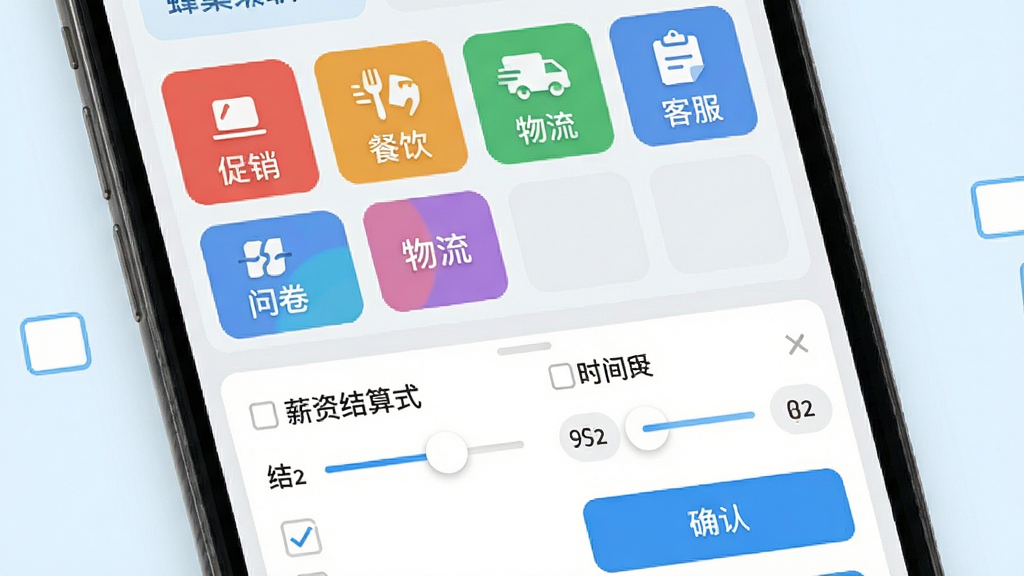 蜂巢兼职任务分类筛选界面,手机屏幕显示多个彩色分类标签,包括促销、餐饮、物流、客服、问卷等图标,下方为筛选条件面板,包含薪资结算方式和时间选择器,背景为白色与浅蓝色搭配,布局为网格状排列,风格为简约工具类应用界面,细节包含勾选框、滑块、确认按钮,画质高清,干净,无多余元素
