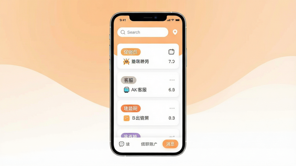 蜂巢兼职手机应用主界面展示,画面中央是一部竖屏智能手机,屏幕内显示兼职岗位列表卡片,包含促销员、客服、跑腿等职位标签,背景为浅橙色与白色渐变,布局简洁清晰,排版采用上下结构,风格为现代扁平化UI设计,细节包含搜索框、定位图标、消息按钮,画质高清,干净,无多余元素