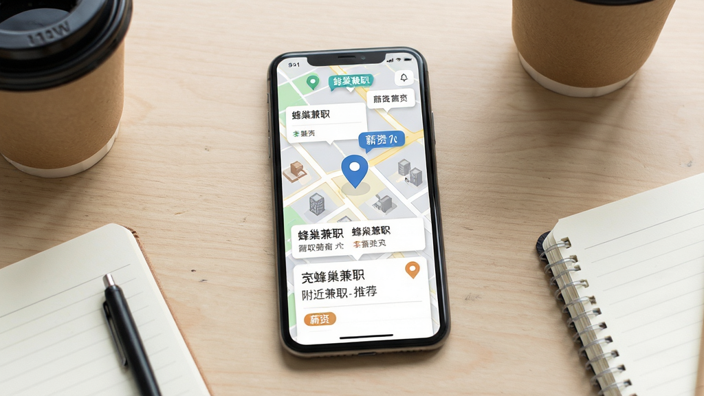 蜂巢兼职附近兼职推荐功能界面,一部手机放置在浅色桌面上,屏幕显示地图与兼职岗位气泡标记,周围散落着咖啡杯和笔记本,主体突出手机屏幕内的地图定位图标与岗位卡片,布局为居中构图,风格为写实生活场景,细节包含街道、建筑轮廓、薪资标签,画质高清,干净,无多余元素