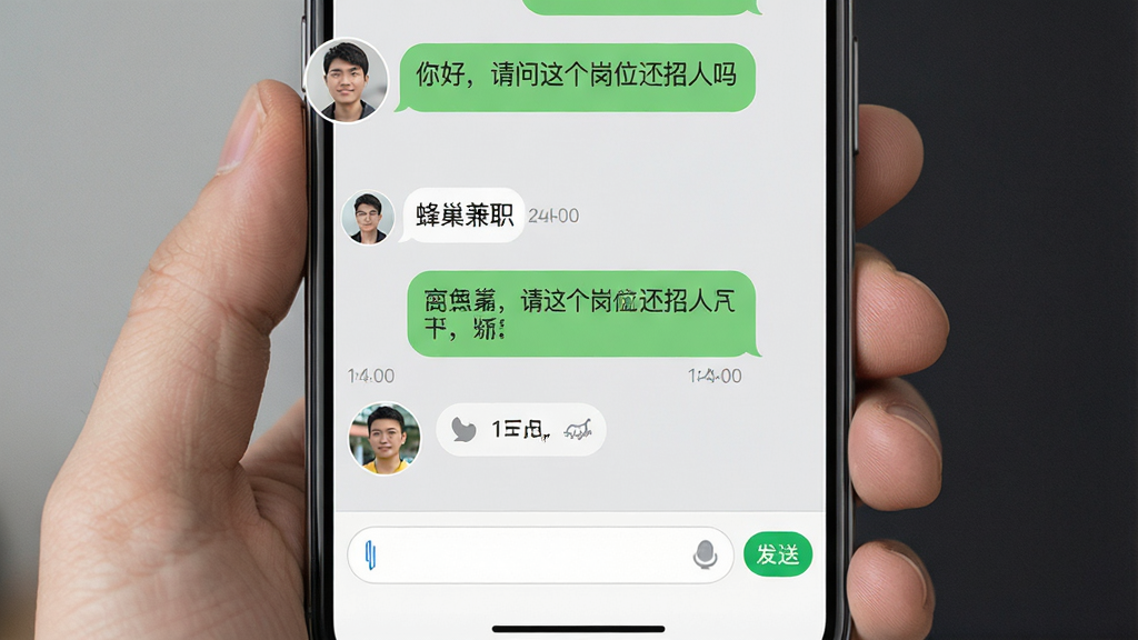 蜂巢兼职在线沟通界面,手机屏幕显示聊天对话框,左侧为用户头像,右侧为商家头像,对话气泡中包含“你好,请问这个岗位还招人吗”等文字,背景为浅灰色聊天背景,布局为上下消息流,风格为社交软件聊天界面,细节包含输入框、发送按钮、时间戳,画质高清,干净,无多余元素
