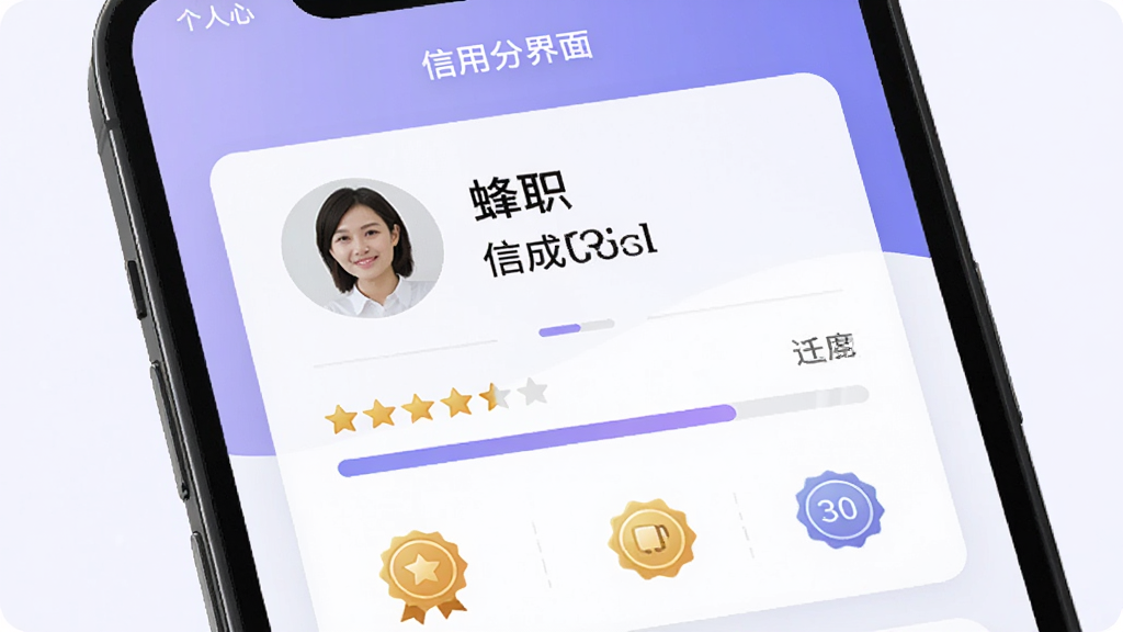 蜂巢兼职个人简历与信用分界面,手机屏幕显示用户头像、姓名、信用分数值以及已完成任务数量,背景为淡紫色渐变,布局为卡片式信息展示,风格为个人中心页面设计,细节包含星级评价、进度条、徽章图标,画质高清,干净,无多余元素