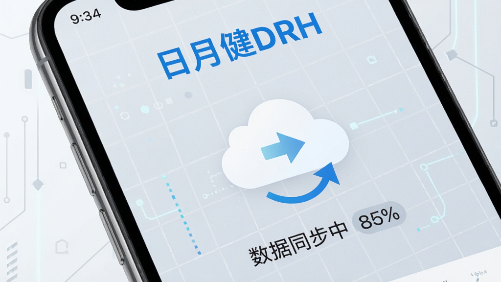 手机屏幕显示日月健DRH的云同步进度界面,画面中有云朵图标和同步箭头,下方显示“数据同步中 85%”,背景为浅灰色科技感网格,画面中央上方用蓝色字体写着“日月健DRH”,扁平化科技风格,细节精致,高清画质,干净无多余元素