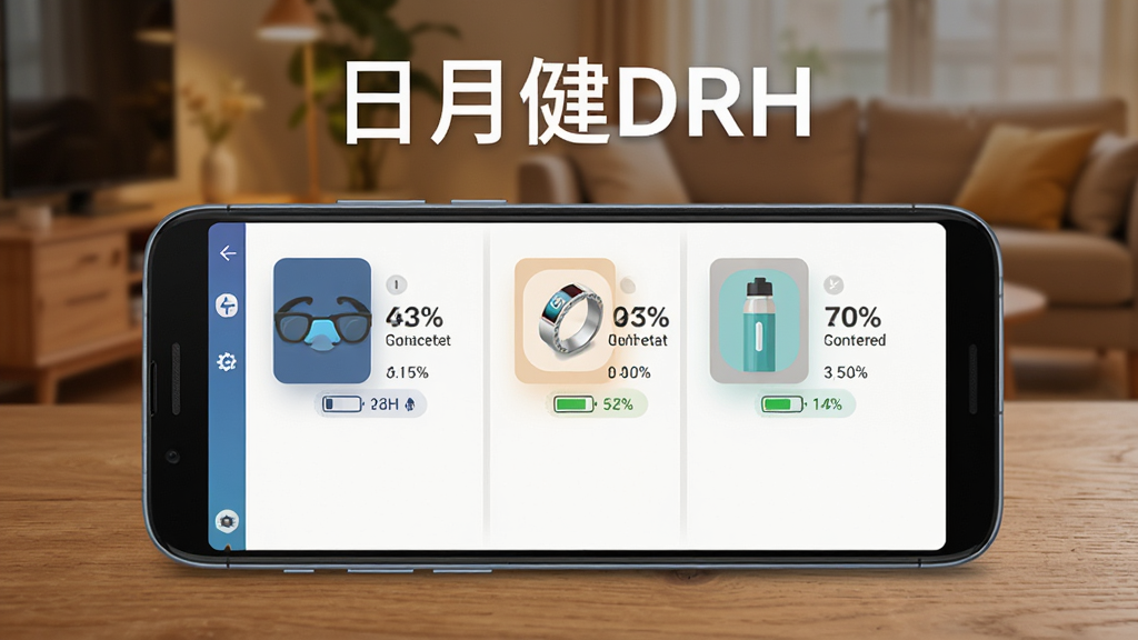 一部安卓手机放置在木质桌面上,手机屏幕显示日月健DRH的设备管理列表界面,列表中有智能眼镜、智能戒指、智能保温杯三个设备图标,每个图标旁有电量百分比和连接状态标签,背景为温暖的家居环境,画面中央上方用白色文字标注“日月健DRH”,扁平化设计风格,细节丰富,高清画质,干净无多余元素