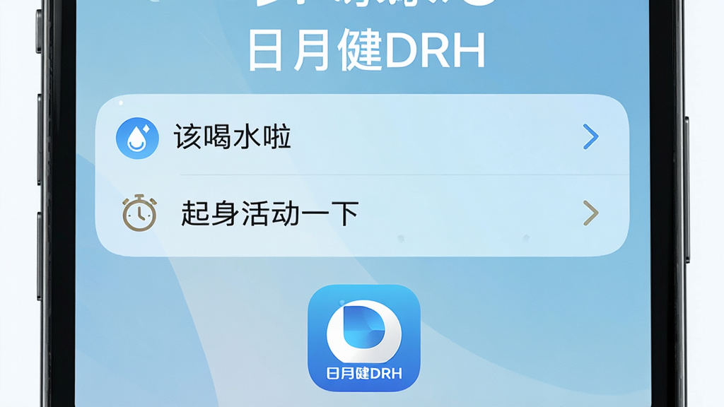 手机锁屏界面弹出日月健DRH的通知卡片,卡片上显示“该喝水啦”和“起身活动一下”两条提醒,背景为淡蓝色渐变,手机下方有日月健DRH的应用图标,画面中央上方用白色文字标注“日月健DRH”,清新简洁风格,细节清晰,高清画质,干净无多余元素