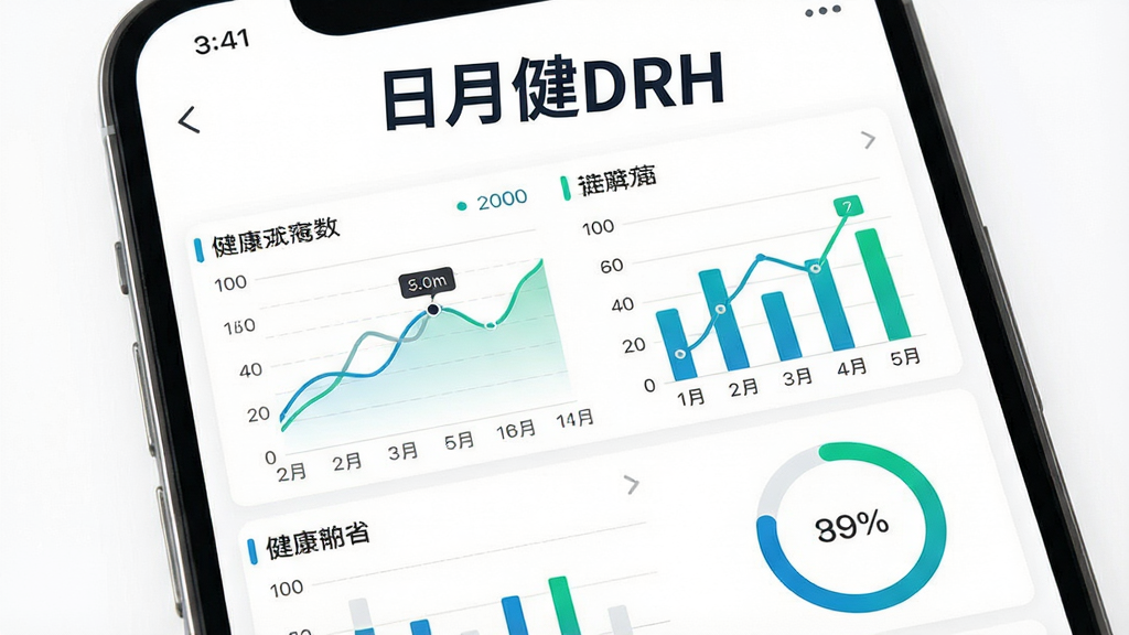 手机屏幕展示日月健DRH健康数据仪表盘,包含折线图、柱状图和环形进度条,图表颜色以蓝绿为主,数据标注清晰,背景为纯白界面,画面中央上方用深色字体写着“日月健DRH”,现代简约风格,细节精致,高清画质,干净无多余元素
