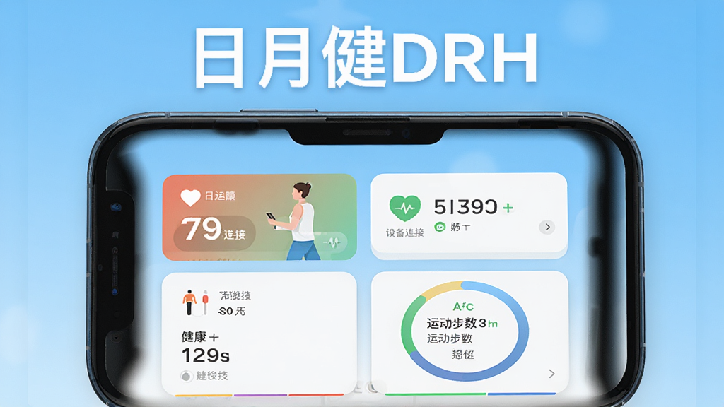手机屏幕中央显示日月健DRH应用主界面,界面中包含健康数据卡片、设备连接状态图标、运动步数环形图,背景为浅蓝渐变色调,画面中央上方用白色粗体字写着“日月健DRH”,整体布局简洁清晰,扁平化UI风格,细节精致,高清画质,干净无多余元素