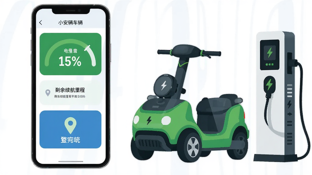 手机屏幕展示小安骑士车辆状态页面,显示电量百分比、剩余续航里程与车辆定位图标,旁边放置智能电动车与充电器,扁平化设计风格,绿色与蓝色搭配,布局简洁,高清画质,无多余元素