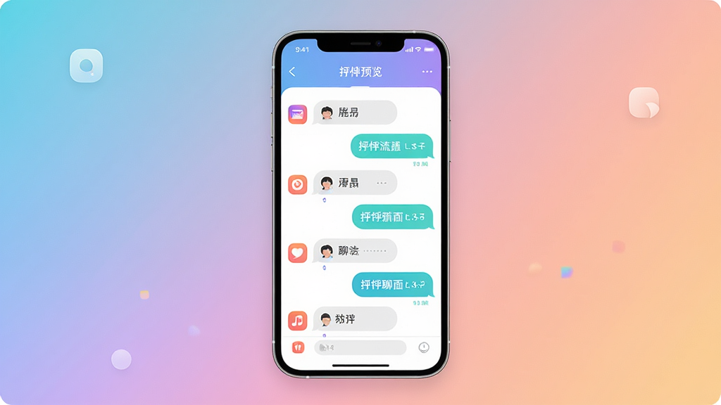 怦怦聊天应用界面预览图,主体为一部智能手机屏幕显示聊天列表和对话气泡,布局居中展示,排版简洁清晰,风格现代清新,细节包括圆角图标和柔和渐变背景,画质高清干净无多余元素