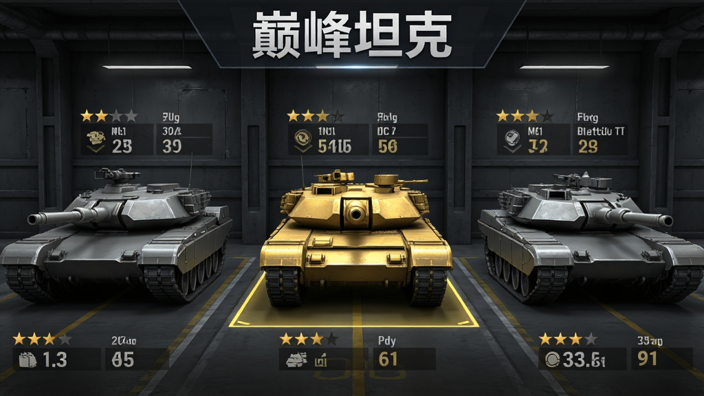 游戏载具展示大厅界面,一排现代坦克整齐排列在车库中,每辆坦克旁边显示星级与属性数值,画面中央有一辆金色涂装的坦克被高亮选中,背景是深灰色工业风车库,顶部有“巅峰坦克”标题文字,排版清晰,风格写实,画质细腻,干净无多余元素