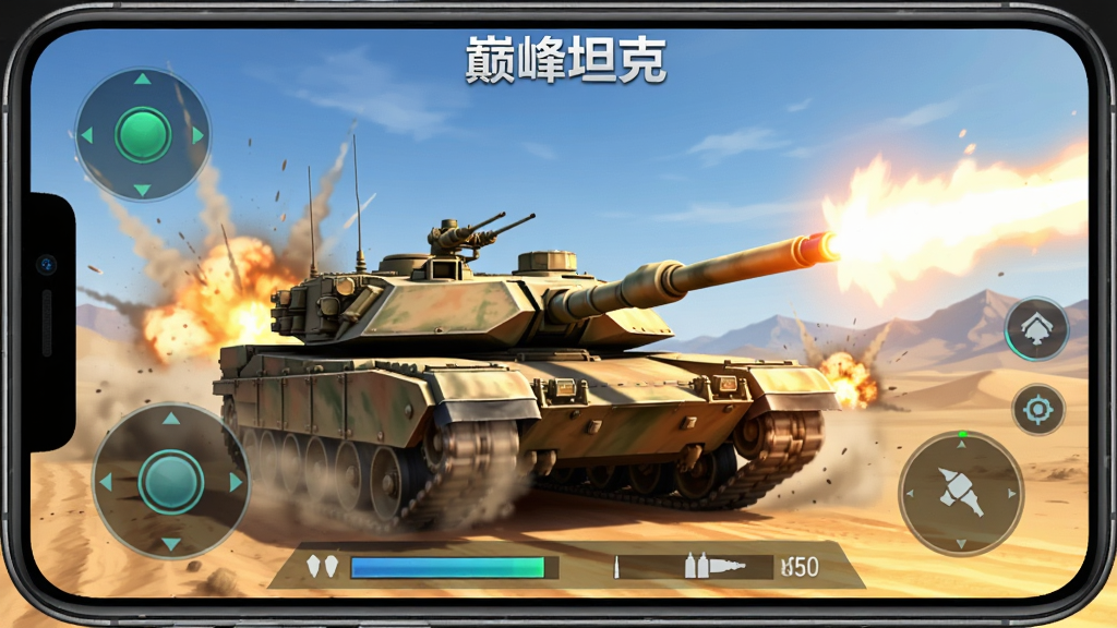 手机横屏游戏界面截图,画面中央是一辆现代主战坦克在沙漠地形中开火,炮口火光四射,周围有爆炸特效与扬尘,背景是蓝天与远山,画面下方显示血量和弹药信息,整体风格写实军事风,色彩偏暖,画质清晰,干净无多余元素,图片中带有“巅峰坦克”文字
