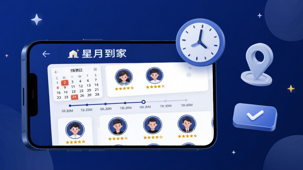 画面展示一部手机横屏放置,屏幕中显示“星月到家”的预约界面,有日历选择、时间轴和技师头像列表。手机旁边漂浮着时钟、定位图标和确认按钮的立体元素。布局上手机占据画面左侧三分之二,右侧为漂浮图标。风格为现代科技感插画,色调以深蓝和亮白为主。细节上,界面中的“星月到家”文字清晰,技师头像带有五星评价标识,时间轴显示可预约时段。画质为超清4K,画面干净利落,无多余装饰。
