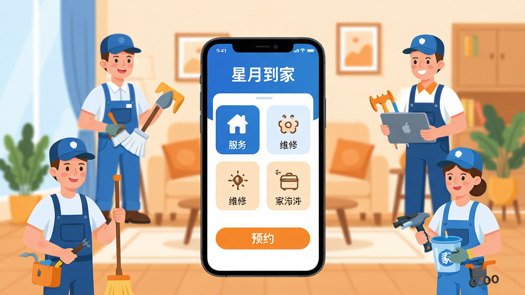 画面中央是一部智能手机,屏幕上显示着“星月到家”应用的主界面,界面设计简洁明亮,有服务分类图标和预约按钮。手机周围环绕着保洁员、维修师傅、家电清洗人员等卡通形象,背景是温馨的家庭客厅场景。整体布局采用中心构图,手机位于画面正中,人物环绕四周。风格为扁平化插画风,色彩以蓝白为主,搭配暖橙色点缀。细节上,手机屏幕文字清晰可见“星月到家”字样,服务人员面带微笑、工具齐全。画质为高清2K,画面干净整洁,无多余杂乱元素。