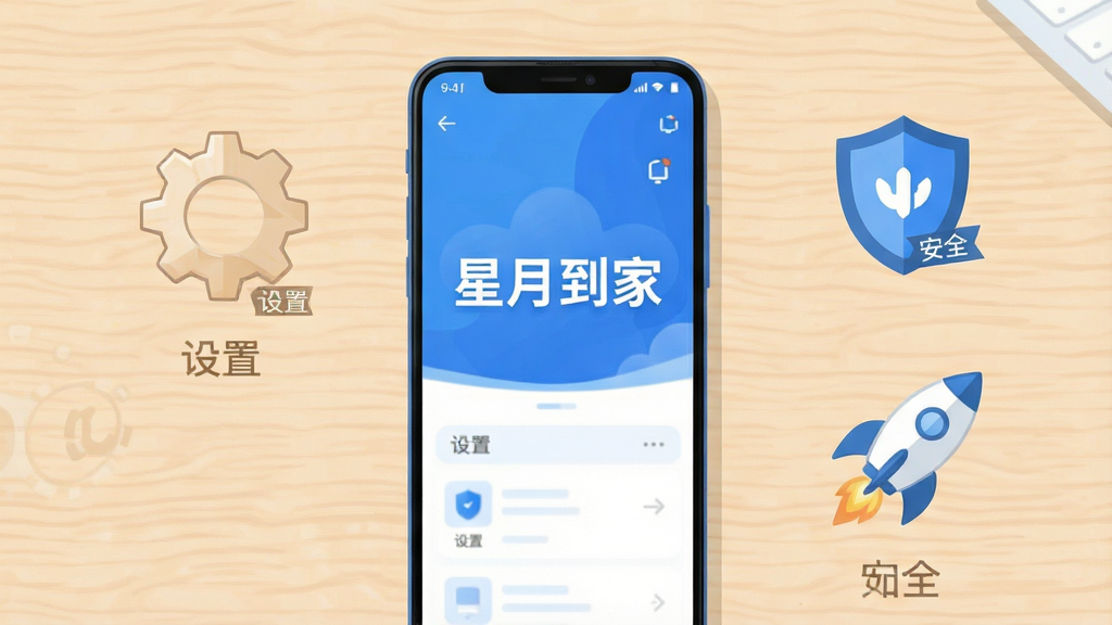 画面展示一部安卓手机放置在桌面上,屏幕显示“星月到家”应用界面,手机旁边有齿轮、盾牌和火箭图标,分别代表设置、安全和加速。背景为浅色木纹桌面。布局为手机居中,图标在侧方排列。风格为清新扁平插画,色调以蓝、白、浅木色为主。细节上,手机屏幕中可见“星月到家”文字,齿轮图标带有“设置”小字,盾牌图标带有“安全”标识。画质为高清2K,画面干净,无多余杂物。